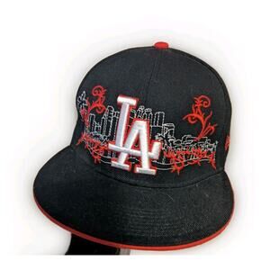New Era 59Fifty MLB LA Dodgers Fitted Black MLB LOGO Hat Sz 7 3/8 Skyline GUC